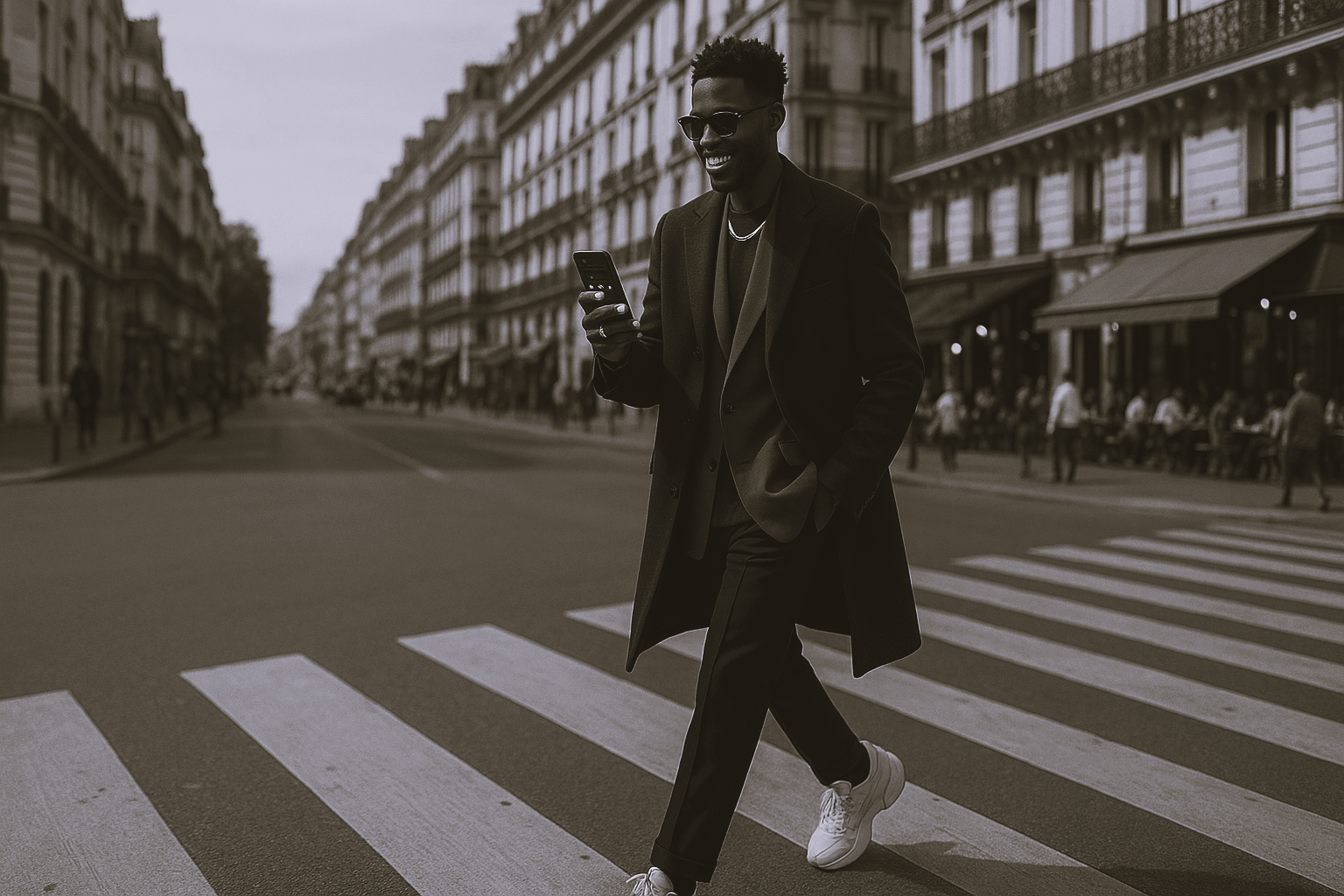 Homme élégant en manteau long traversant un passage piéton parisien en utilisant son téléphone